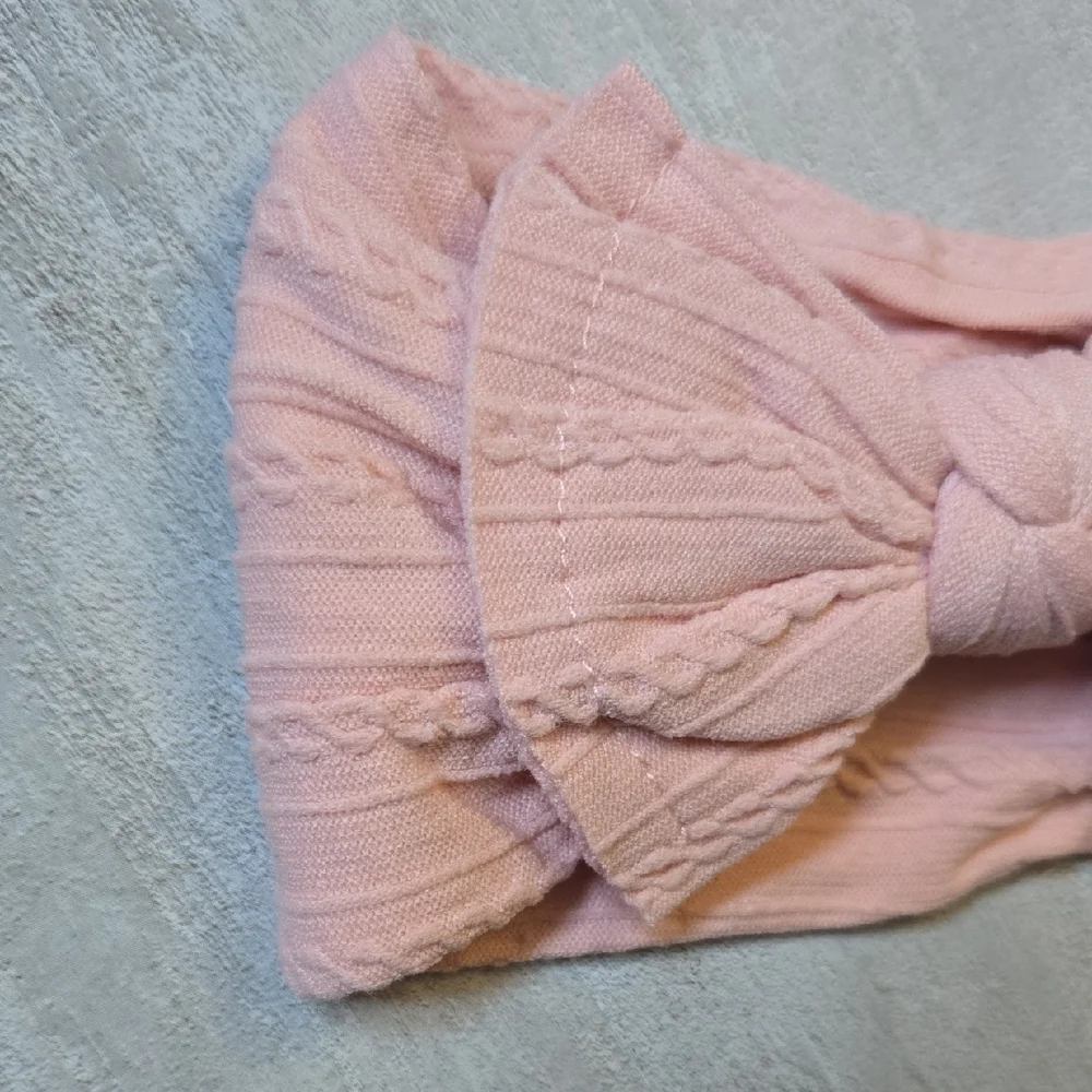 Cable Knit Baby Girl Light Pink Headband Oversized Bow Stretchy Nylon Hairband